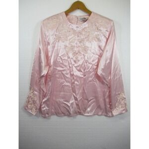 Vtg 80s 90s Karen Scott Embroidered Shiny Satin Secretary Blouse Women 14 Pink
